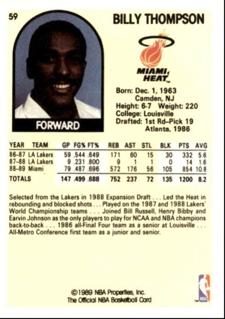 1989-90 Hoops Basketball Card Billy Thompson Miami Heat #59