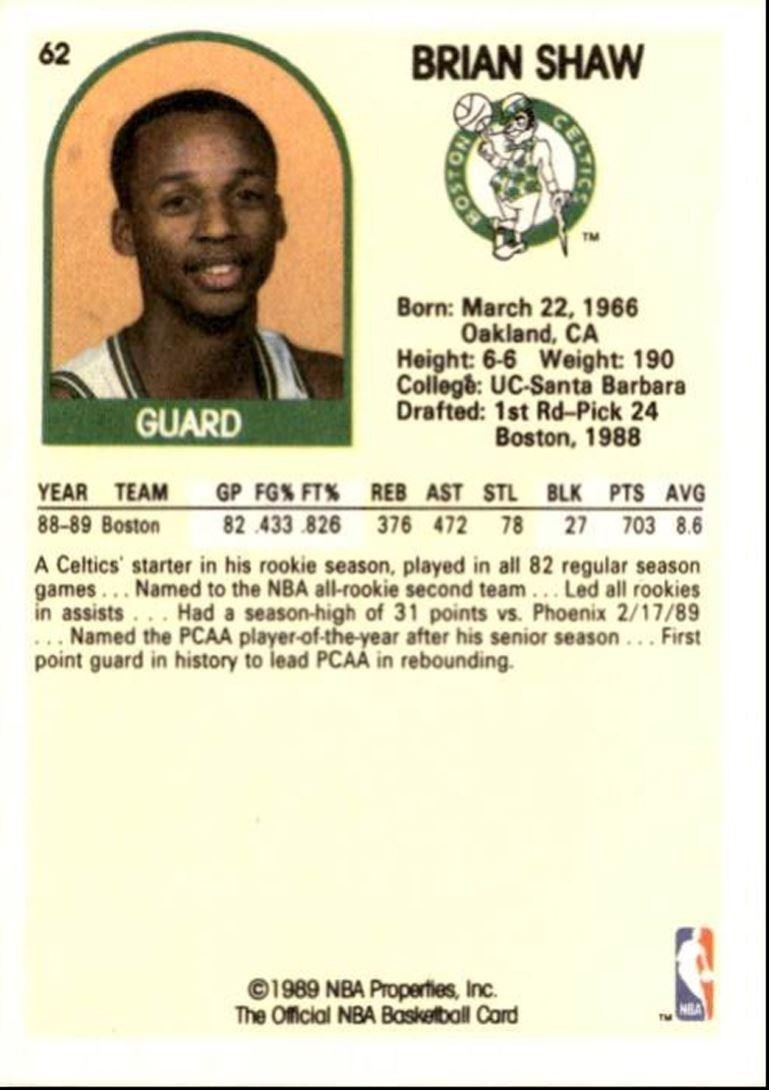 1989-90 Hoops Basketball Card Brian Shaw Rookie Boston Celtics #62