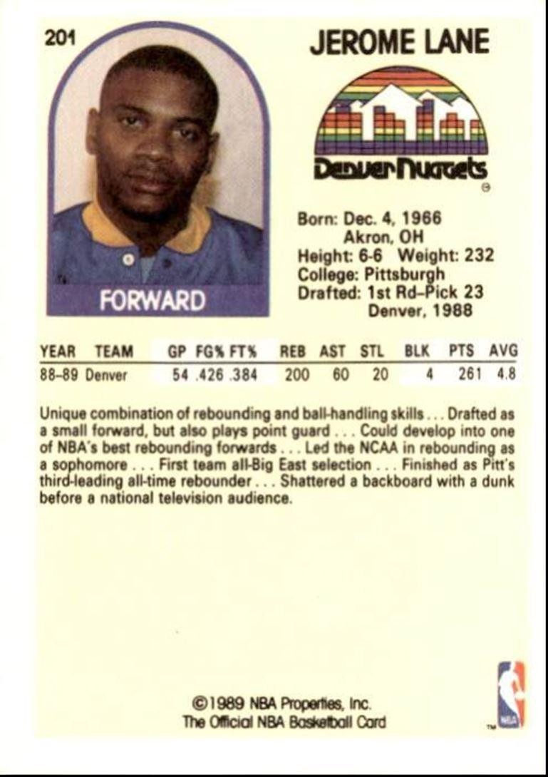 1989-90 Hoops Basketball Card Jerome Lane Denver Nuggets #201