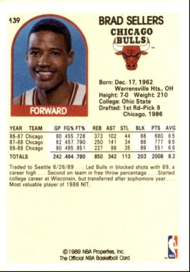 1989-90 Hoops Basketball Card Brad Sellers Chicago Bulls #139