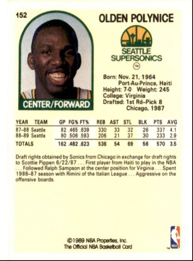 1989-90 Hoops Basketball Card Olden Polynice Rookie Seattle SuperSonics #152