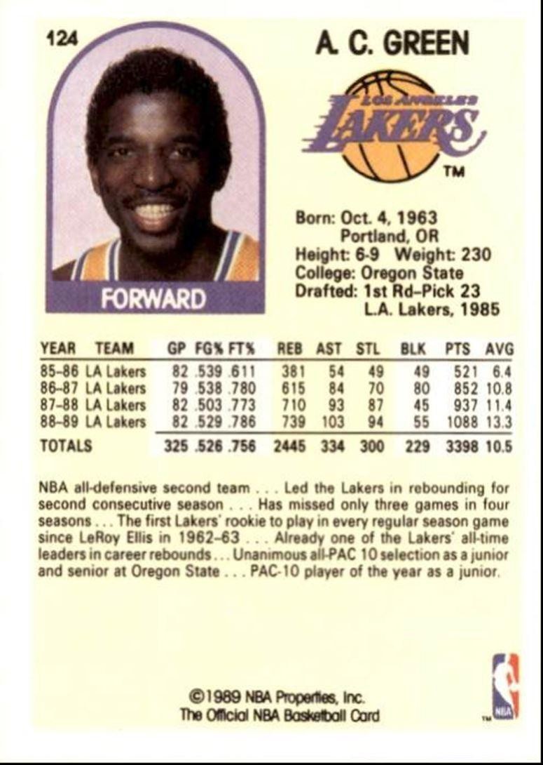 1989-90 Hoops Basketball Card A.C. Green Los Angeles Lakers #124