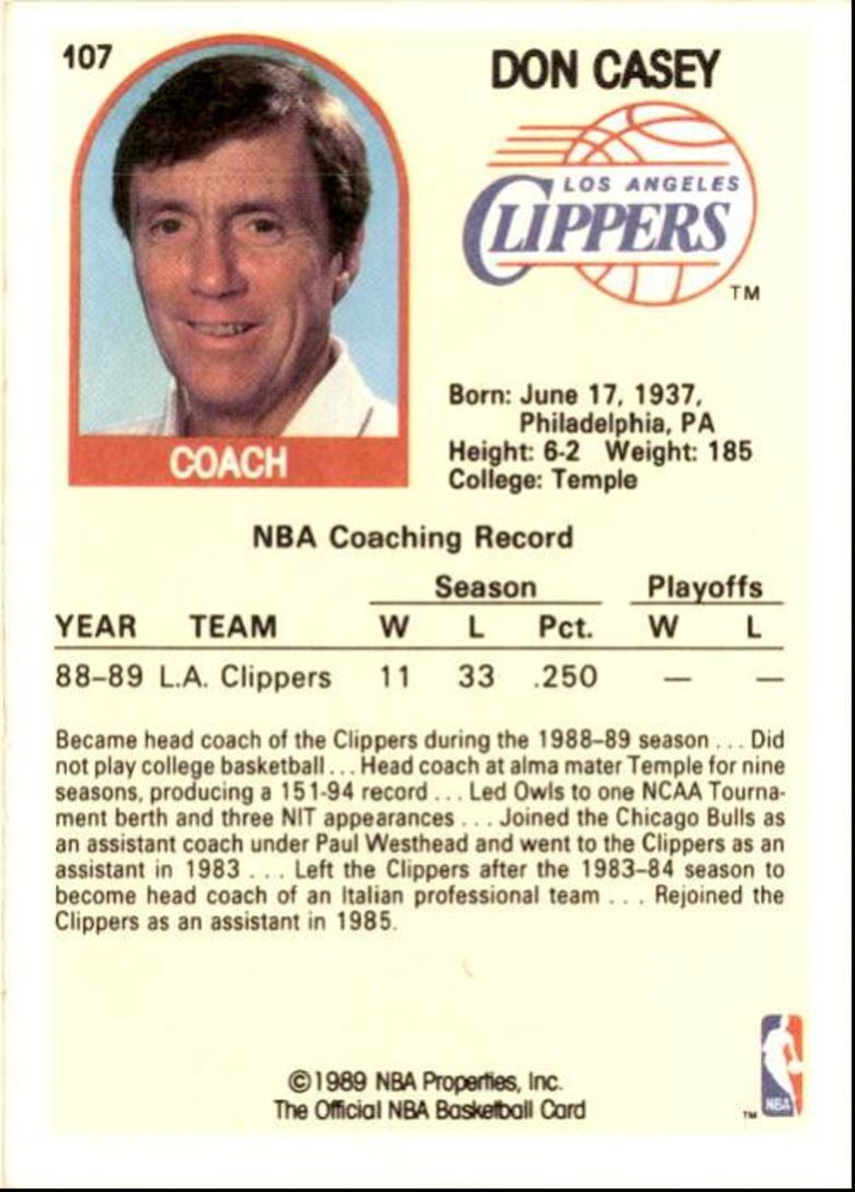 1989-90 Hoops Basketball Card Don Casey Los Angeles Clippers #107
