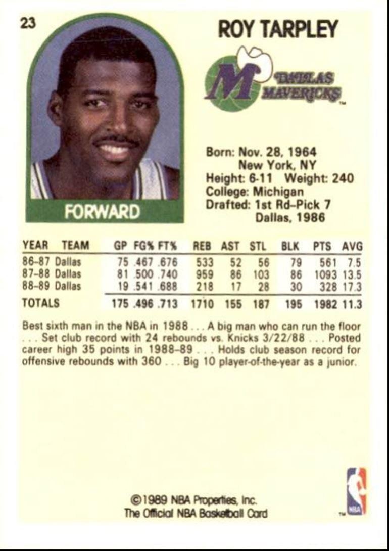 1989-90 Hoops Basketball Card Roy Tarpley Dallas Mavericks #23