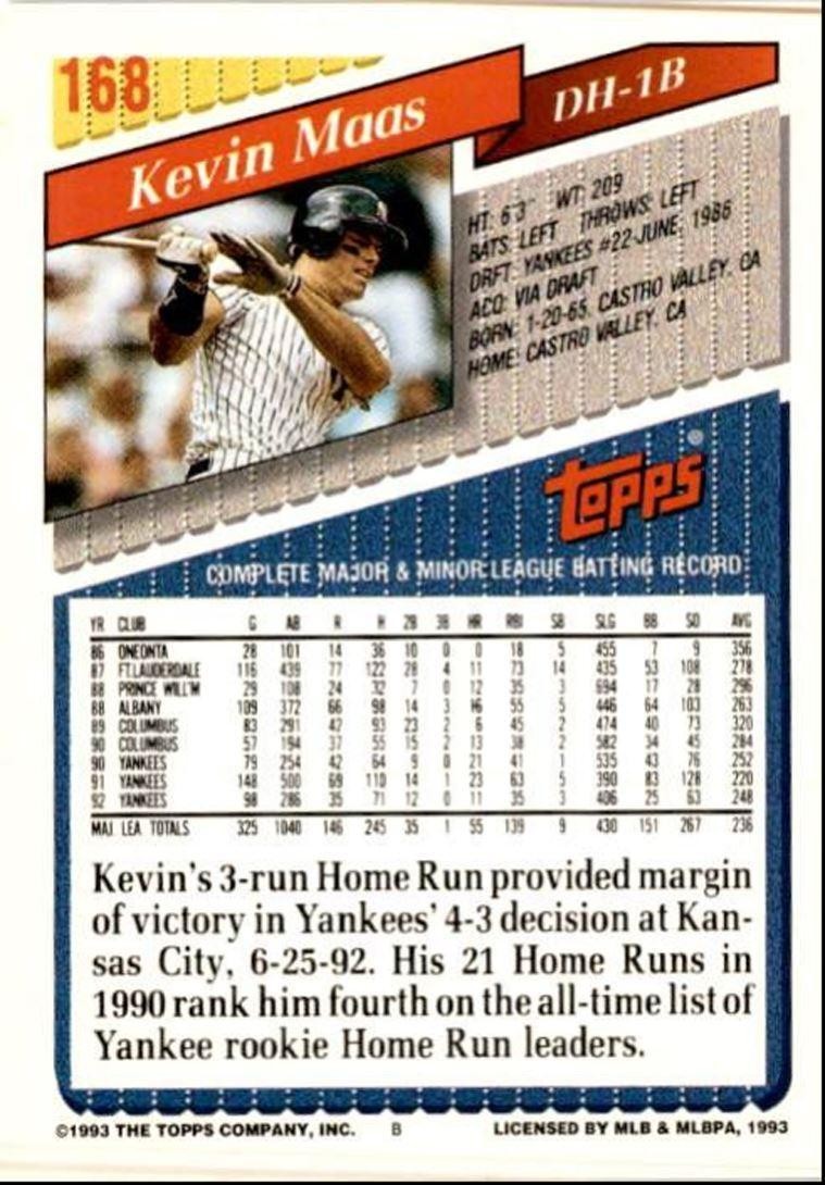 1993 Topps Baseball Card Kevin Maas New York Yankees #168