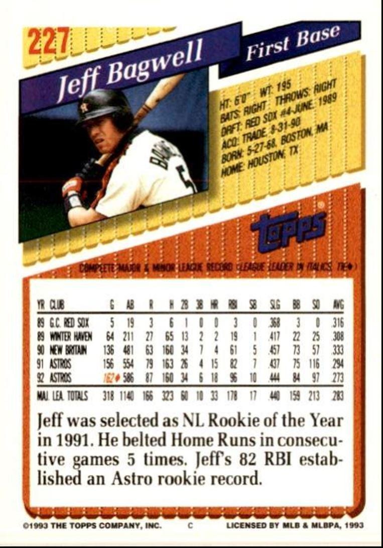 1993 Topps Baseball Card Jeff Bagwell , Houston Astros #227