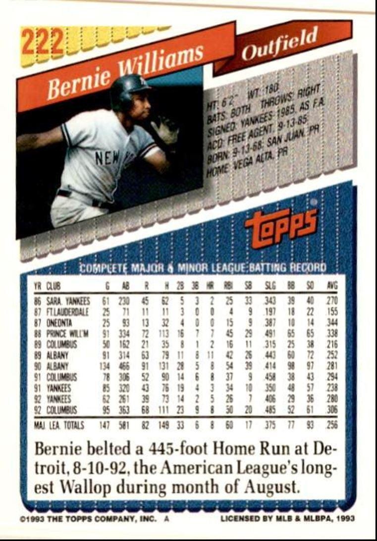 1993 Topps Baseball Card Bernie Williams New York Yankees #222