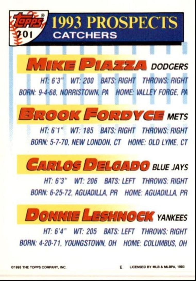 1993 Topps Baseball Card Mike Piazza/Brook Fordyce/Carlos Delgado/Donnie