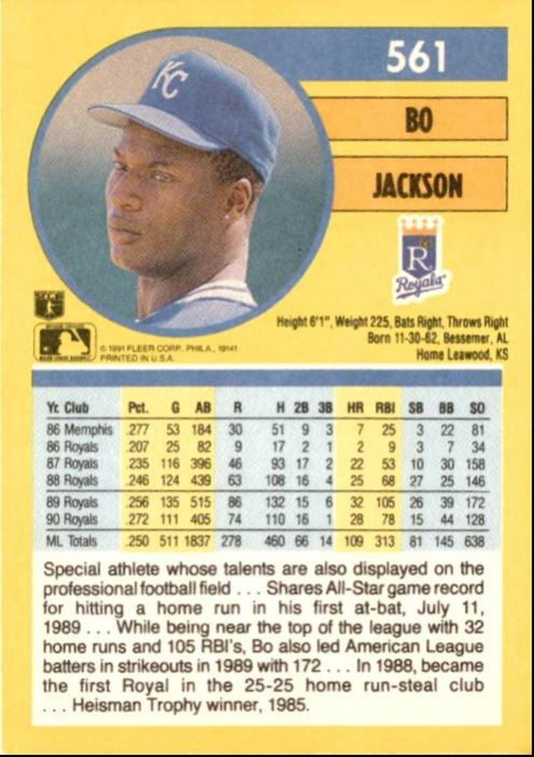 1991 Fleer Baseball Card Bo Jackson Kansas City Royals #561