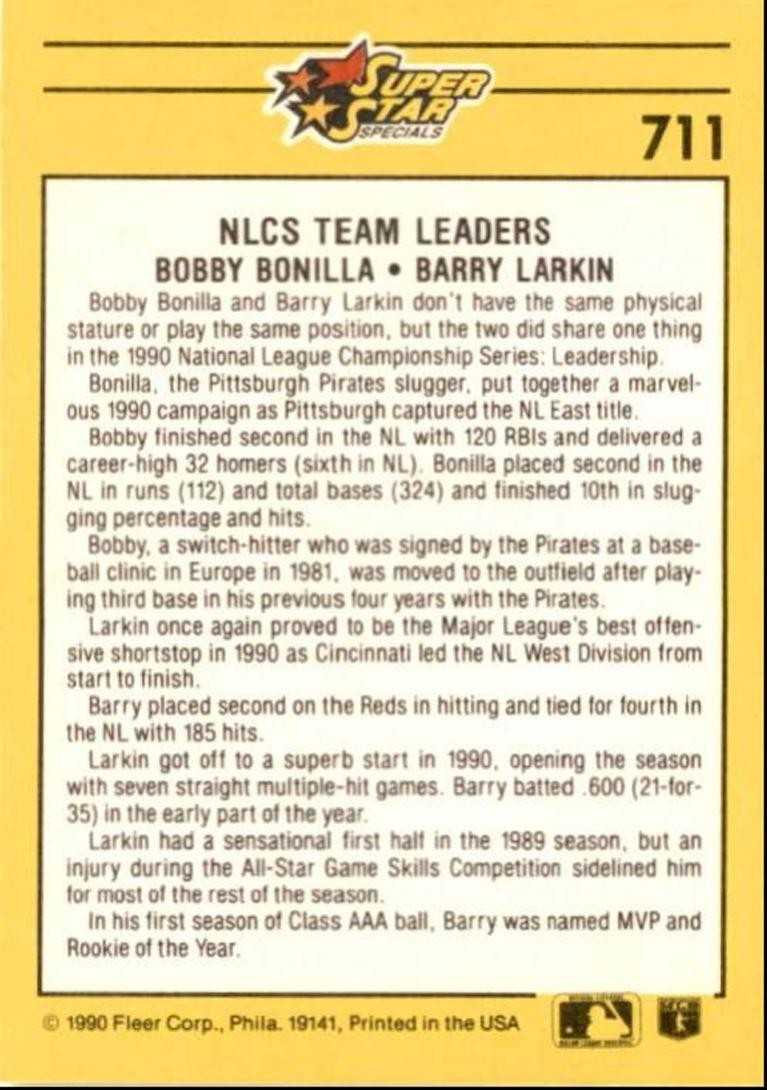 1991 Fleer Baseball Card Bobby Bonilla/Barry Larkin Pittsburgh