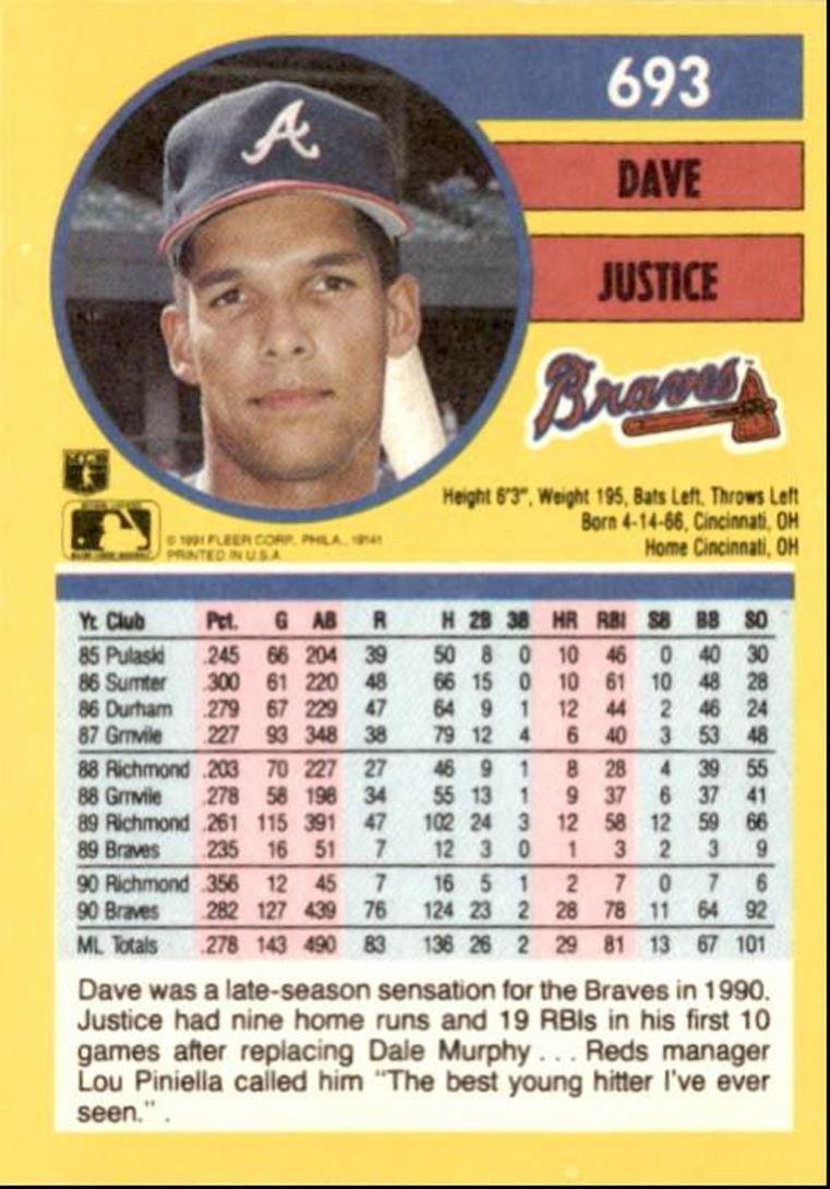 1991 Fleer Baseball Card Dave Justice Atlanta Braves #693