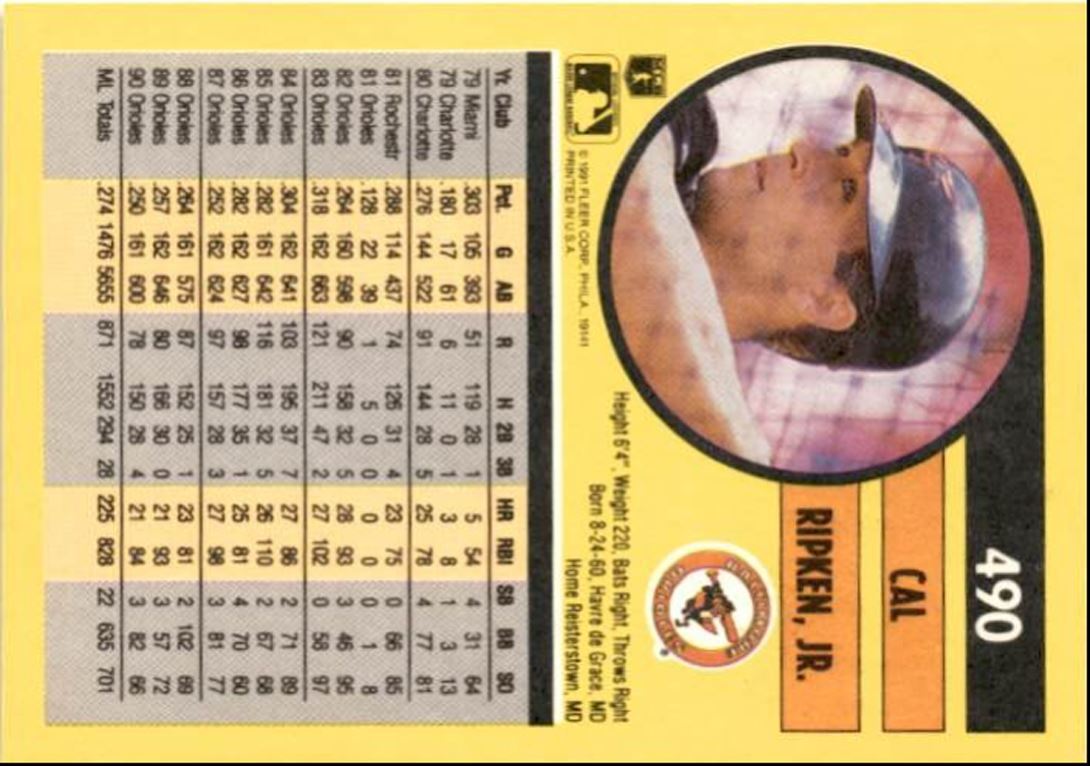 1991 Fleer Baseball Card Cal Ripken, Jr. Baltimore Orioles #490