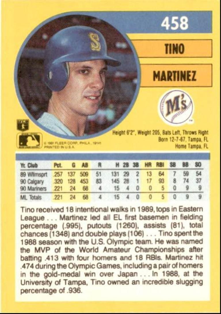 1991 Fleer Baseball Card Tino Martinez Seattle Mariners #458