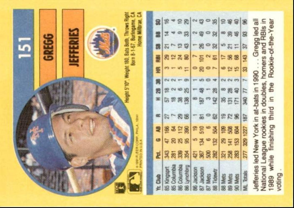 1991 Fleer Baseball Card Gregg Jefferies New York Mets #151