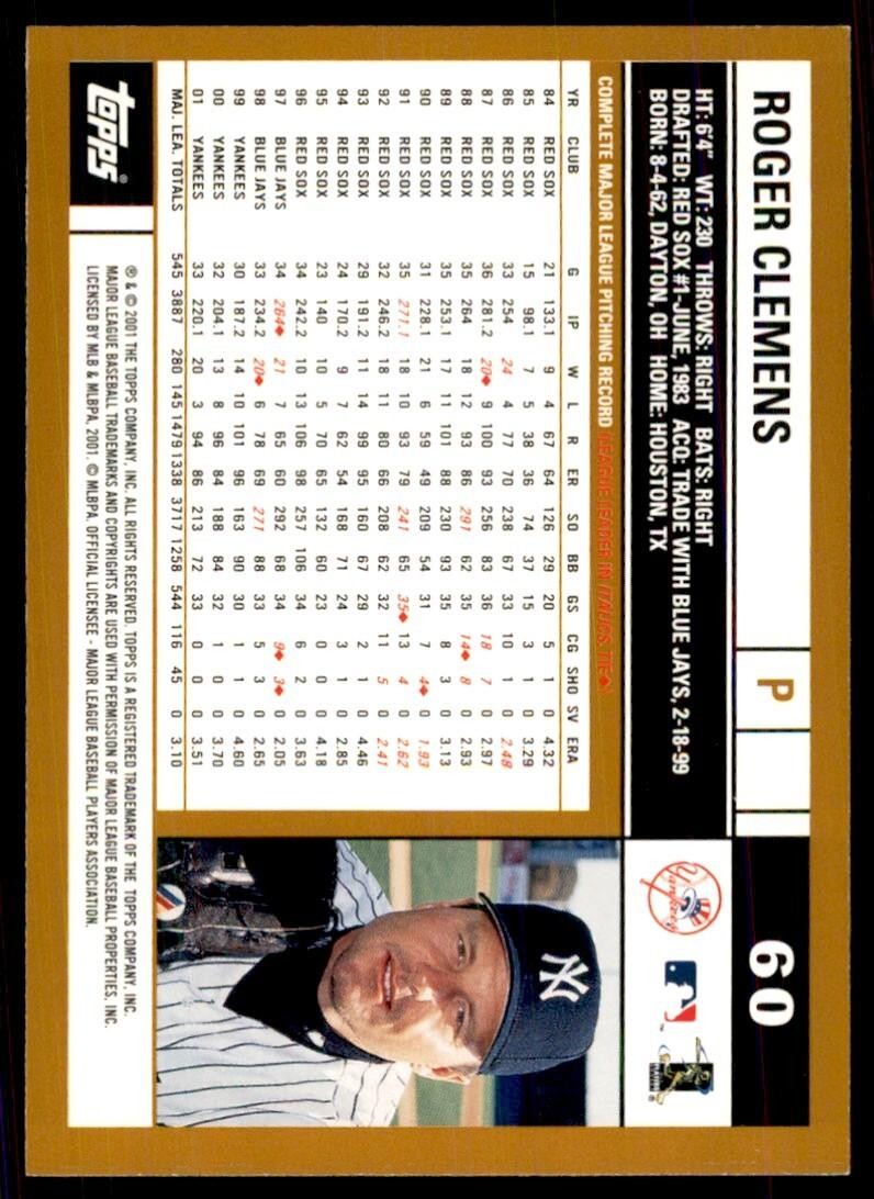 2002 Topps Baseball Card Roger Clemens A Baseball Cards #60