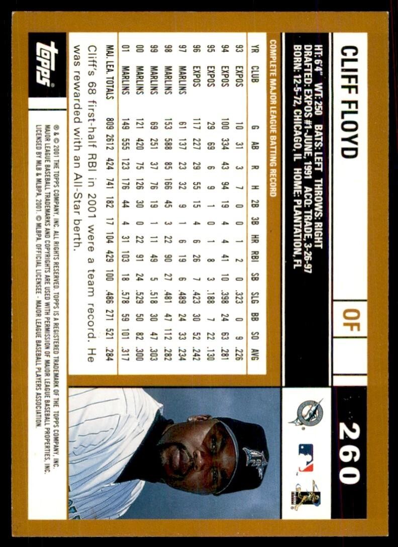 2002 Topps Baseball Card Cliff Floyd A Baseball Cards #260