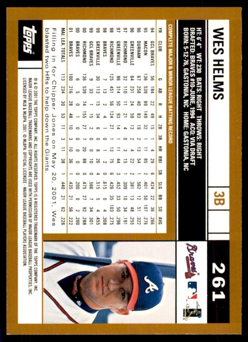 2002 Topps Baseball Card Wes Helms A Baseball Cards #261