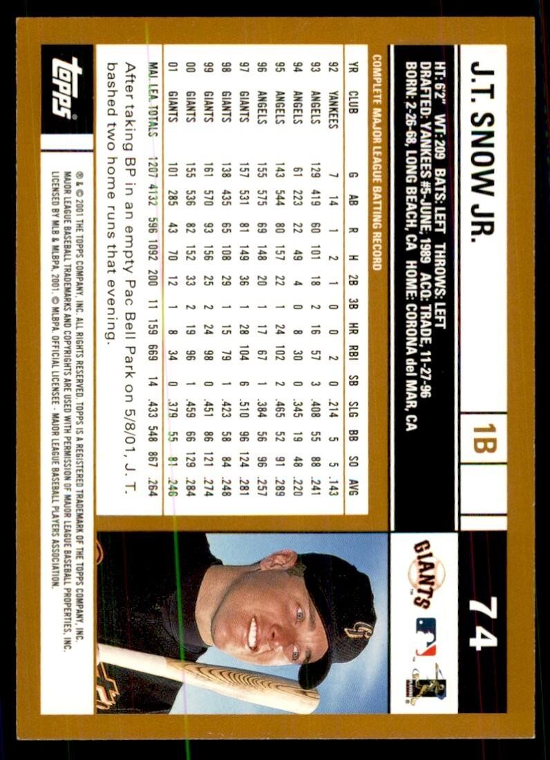 2002 Topps Baseball Card J.T. Snow Jr. A Baseball Cards #74