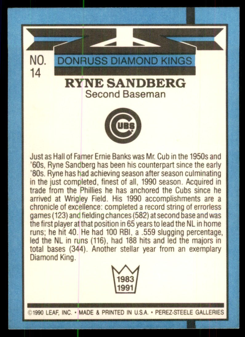 1991 Donruss Baseball Card Ryne Sandberg A Baseball Cards #14