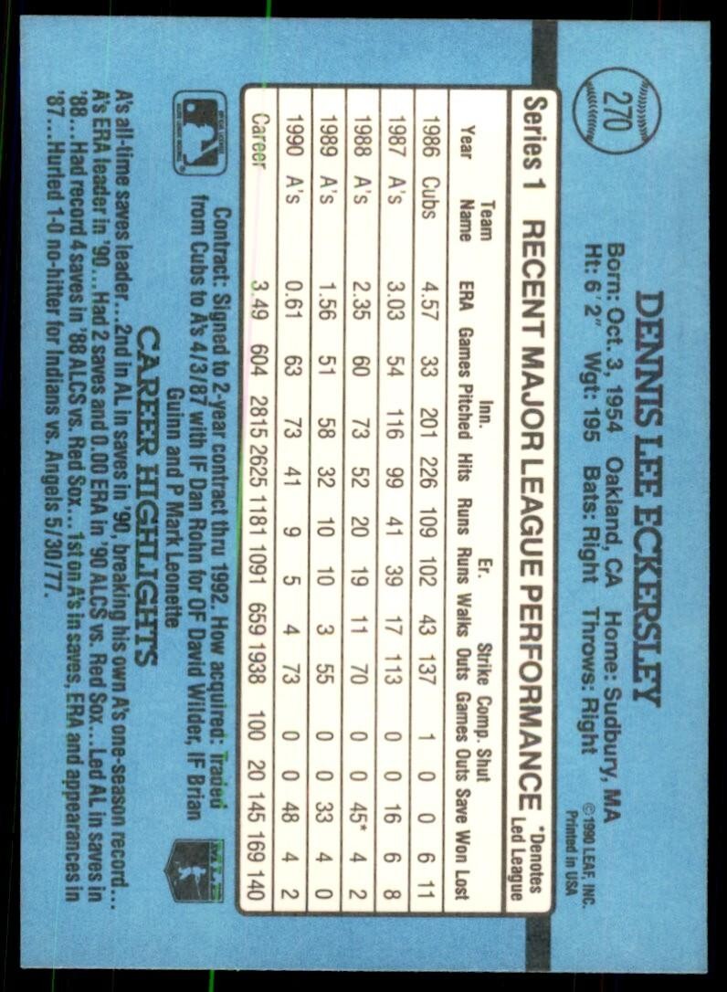 1991 Donruss Baseball Card Dennis Eckersley A Baseball Cards #270