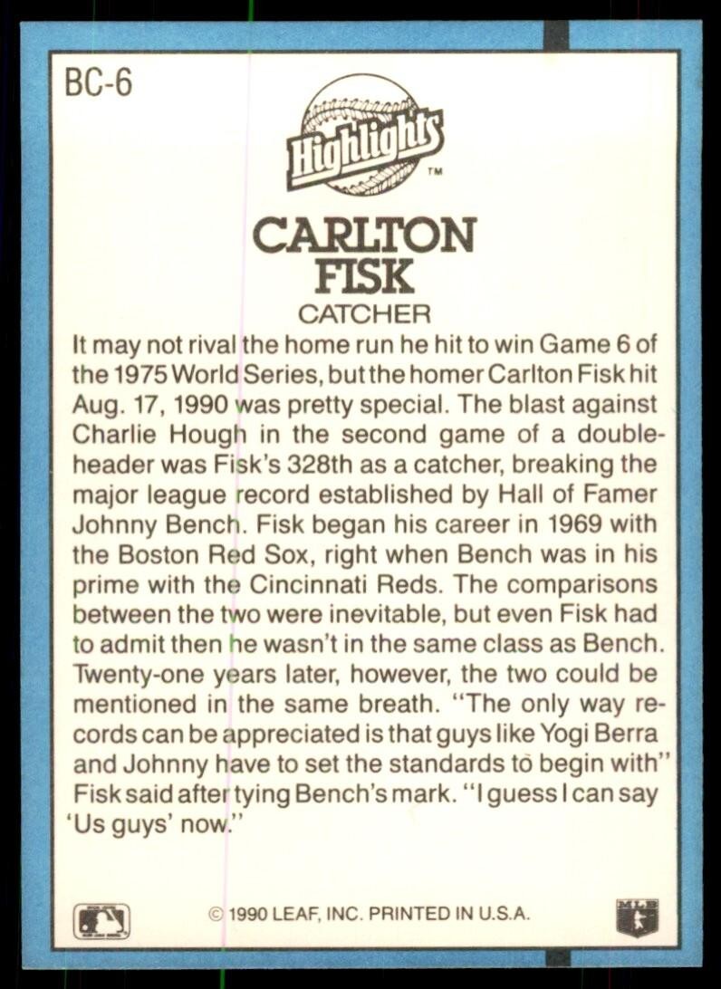 1991 Donruss Baseball Card Carlton Fisk A Baseball Cards #BC-6