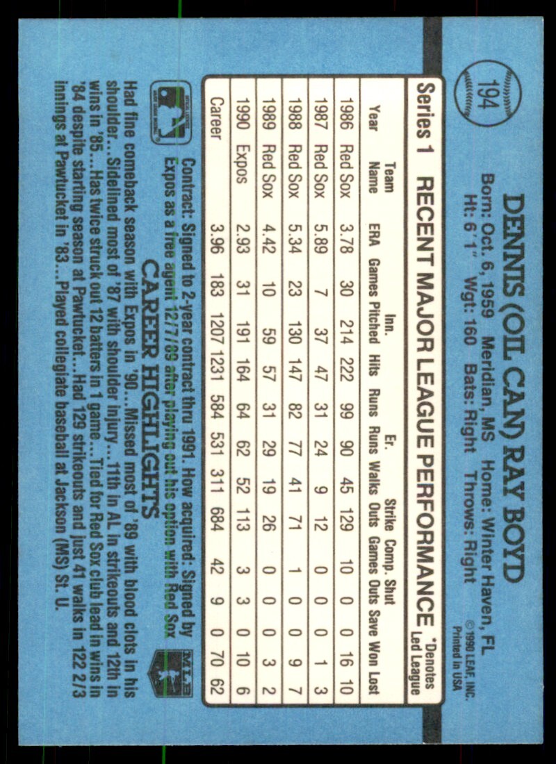 1991 Donruss Baseball Card Oil Can Boyd A Baseball Cards #194