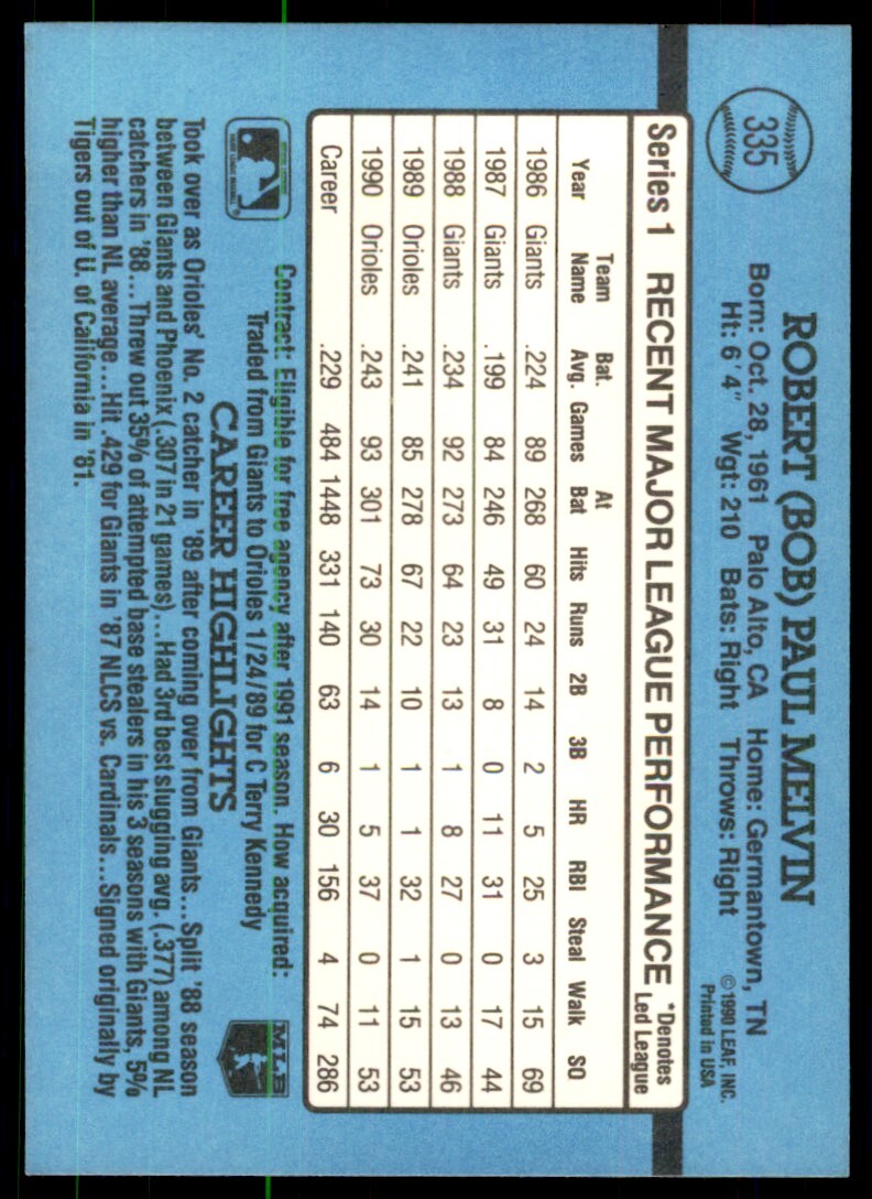 1991 Donruss Baseball Card Bob Melvin B Baseball Cards #335