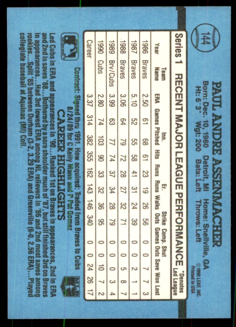1991 Donruss Baseball Card Paul Assenmacher Baseball Cards #144
