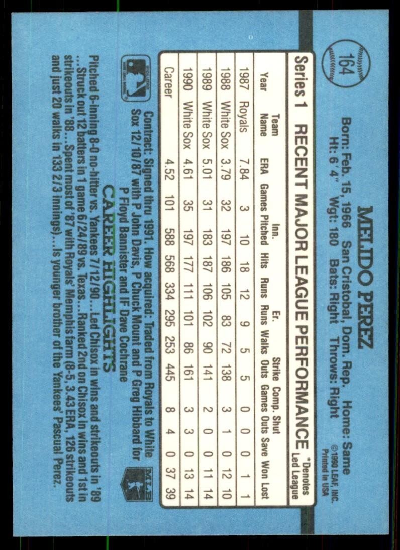 1991 Donruss Baseball Card Melido Perez A Baseball Cards #164