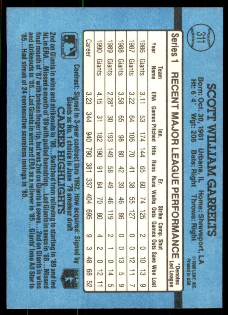 1991 Donruss Baseball Card Scott Garrelts Baseball Cards #311