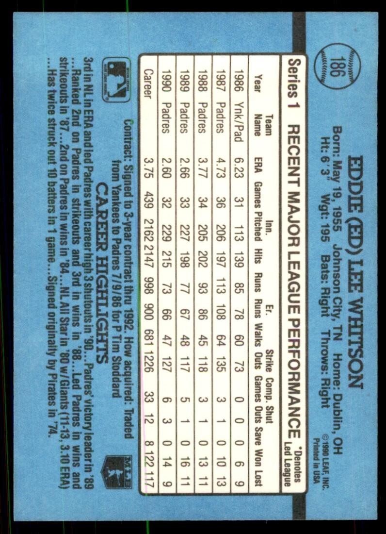 1991 Donruss Baseball Card Ed Whitson A Baseball Cards #186