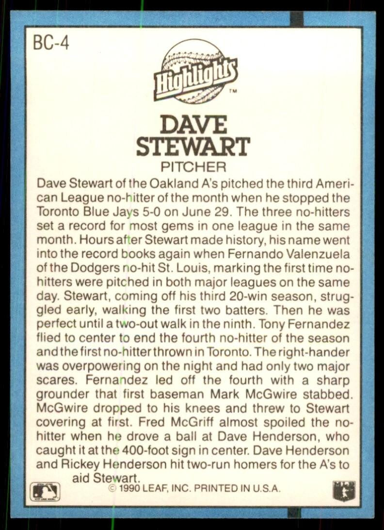 1991 Donruss Baseball Card Dave Stewart . Oakland Athletics #BC-4