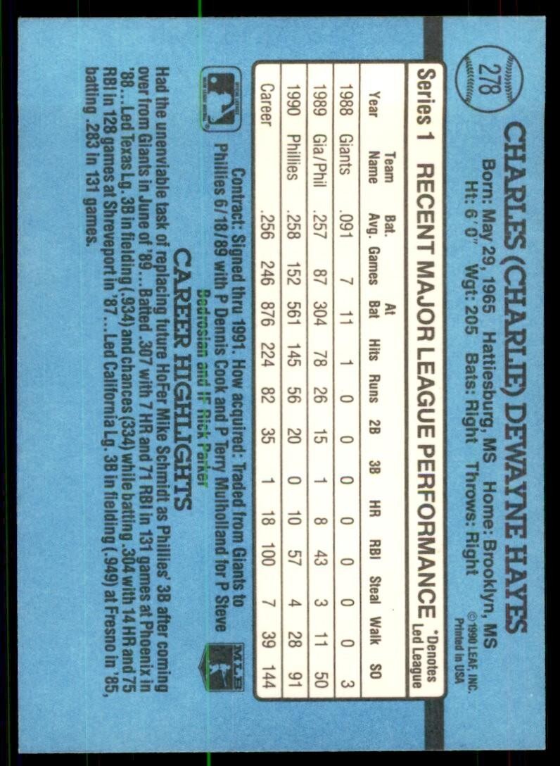 1991 Donruss Baseball Card Charlie Hayes .. Philadelphia Phillies #278