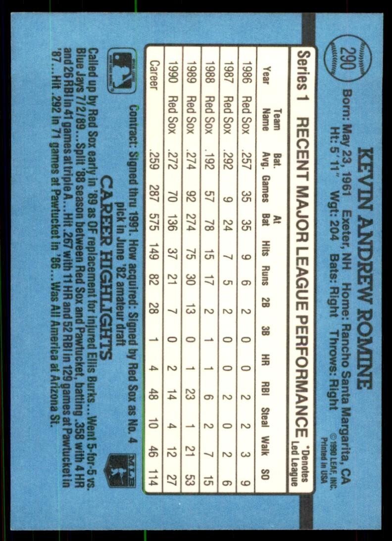 1991 Donruss Baseball Card Kevin Romine Boston Red Sox #290