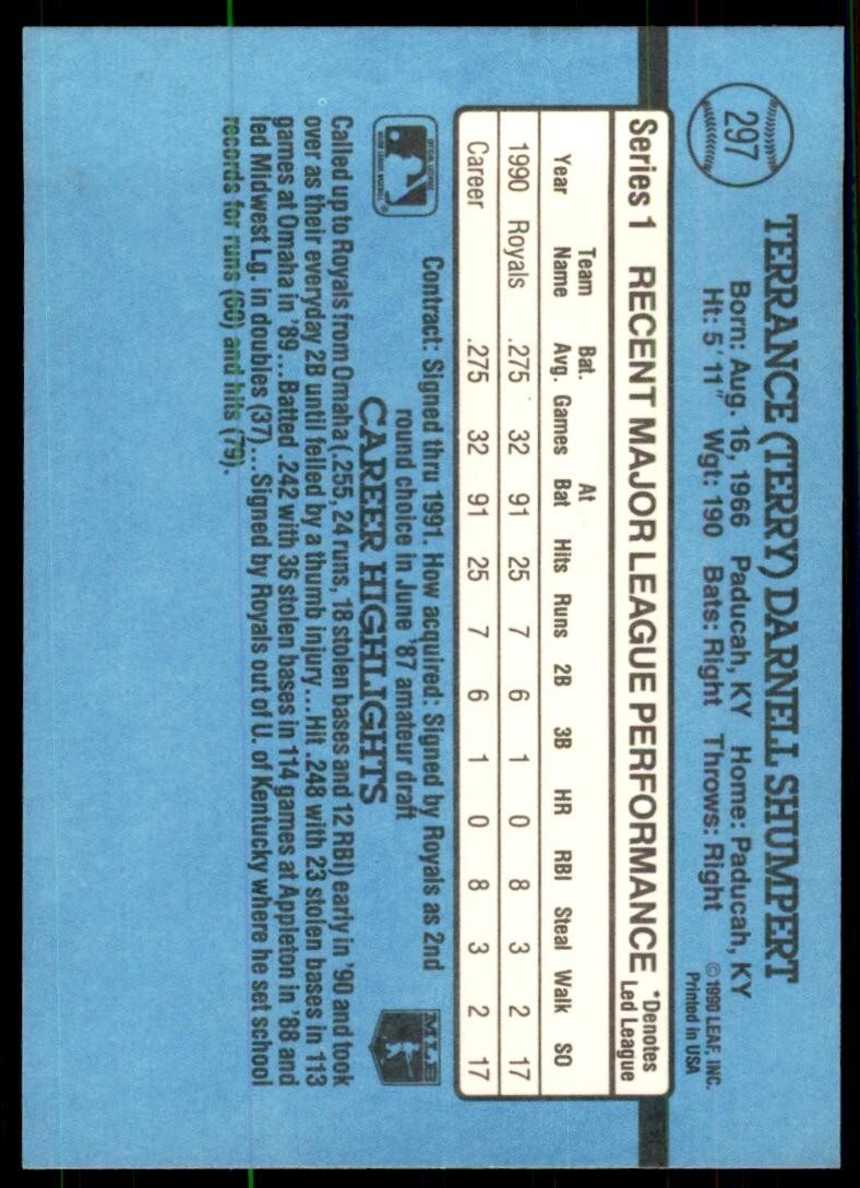 1991 Donruss Baseball Card Terry Shumpert .. Kansas City Royals #297