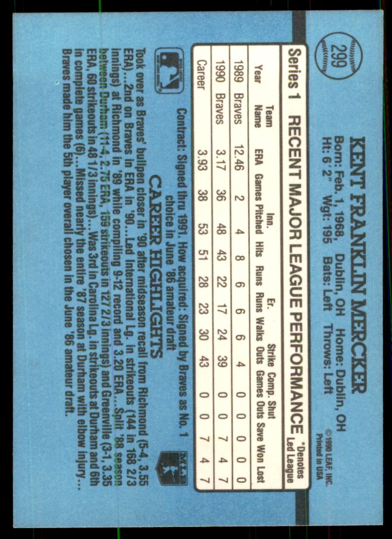 1991 Donruss Baseball Card Kent Mercker Atlanta Braves #299