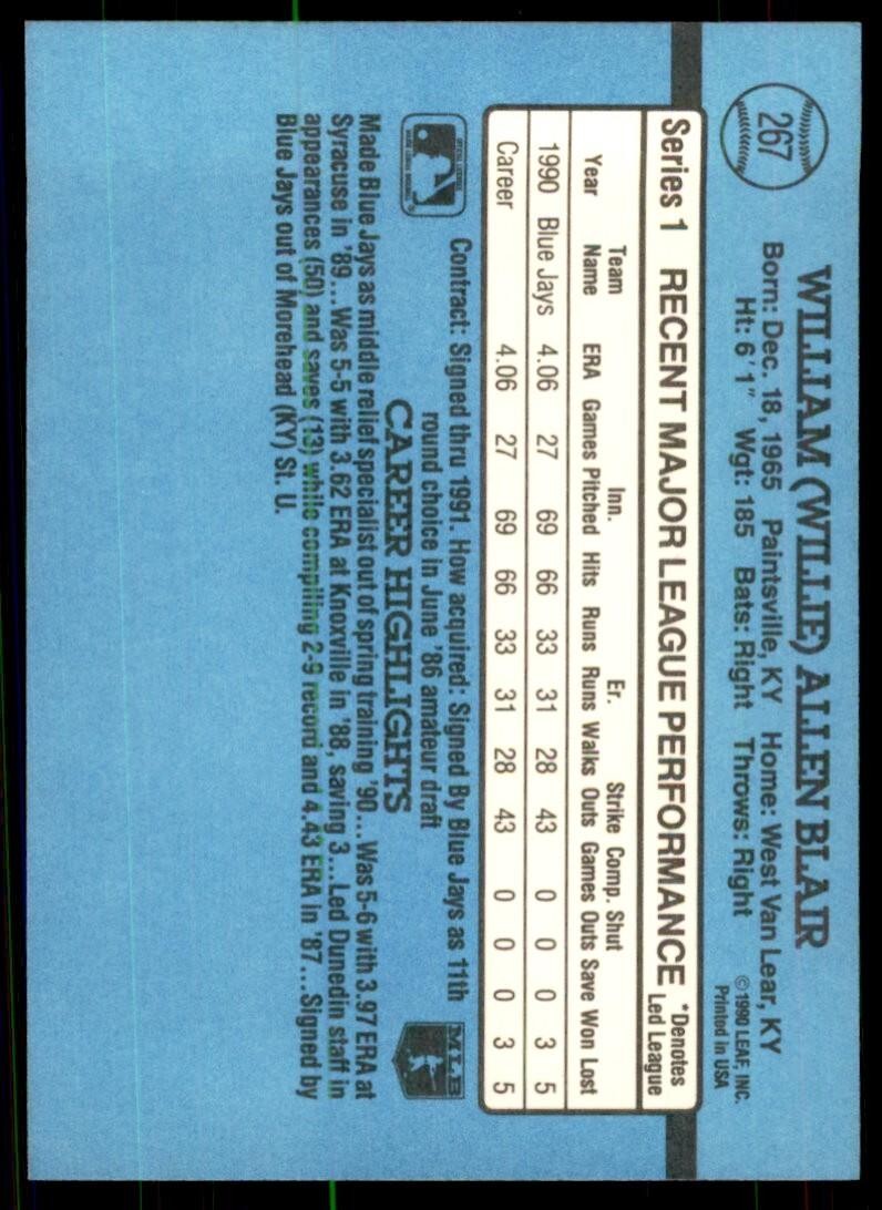 1991 Donruss Baseball Card Willie Blair Toronto Blue Jays #267