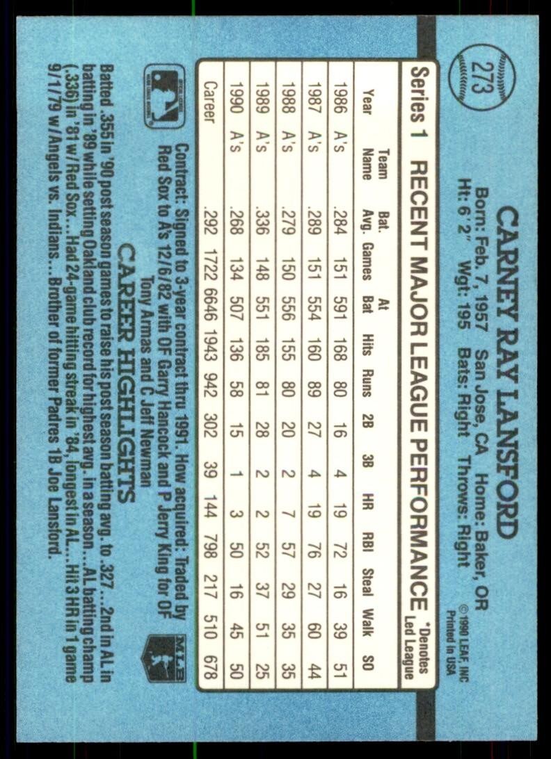1991 Donruss Baseball Card Carney Lansford / Oakland Athletics #273