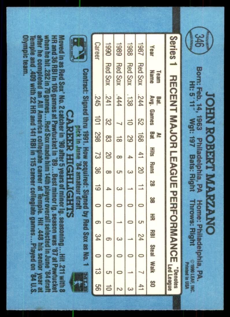 1991 Donruss Baseball Card John Marzano , Boston Red Sox #346