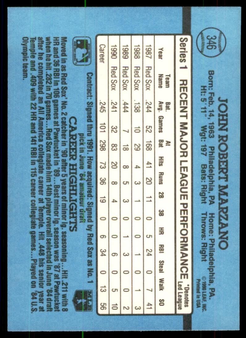 1991 Donruss Baseball Card John Marzano / Boston Red Sox #346