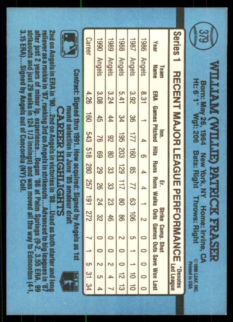 1991 Donruss Baseball Card Willie Fraser California Angels #379