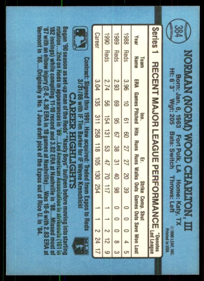 1991 Donruss Baseball Card Norm Charlton .. Cincinnati Reds #384