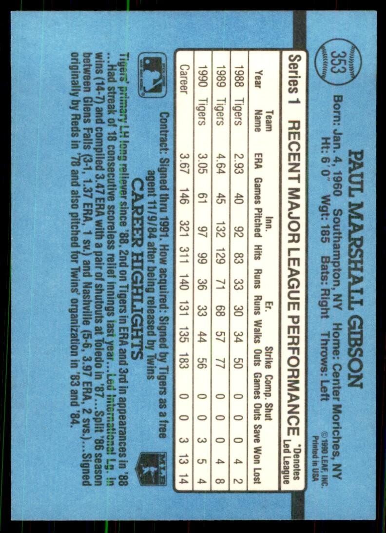 1991 Donruss Baseball Card Paul Gibson / Detroit Tigers #353