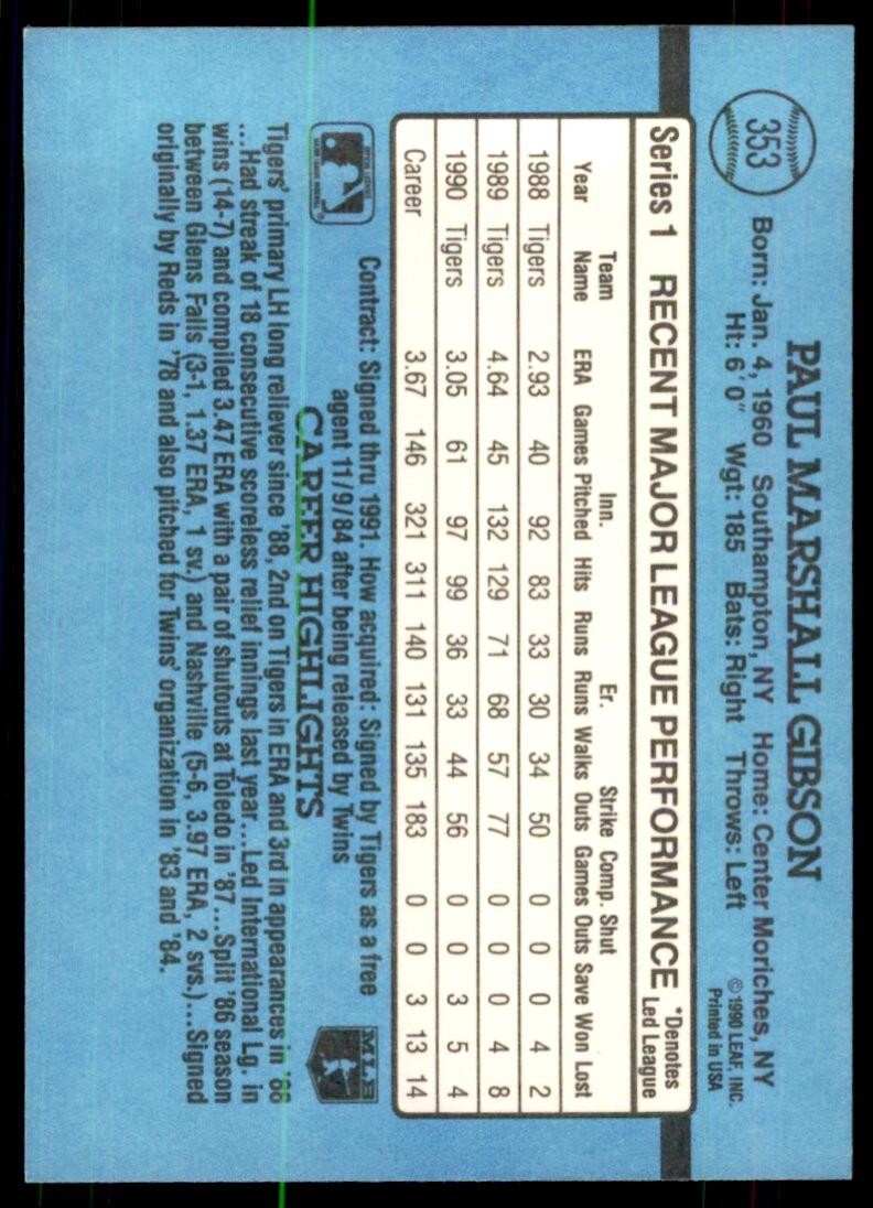 1991 Donruss Baseball Card Paul Gibson .. Detroit Tigers #353