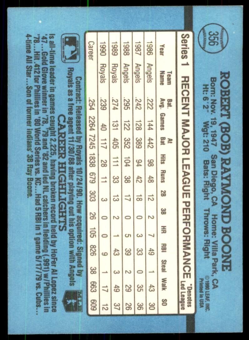 1991 Donruss Baseball Card Bob Boone Kansas City Royals #356