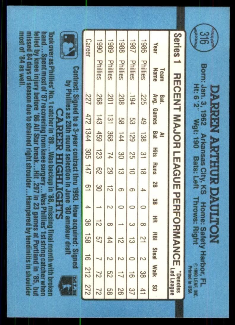 1991 Donruss Baseball Card Darren Daulton Philadelphia Phillies #316