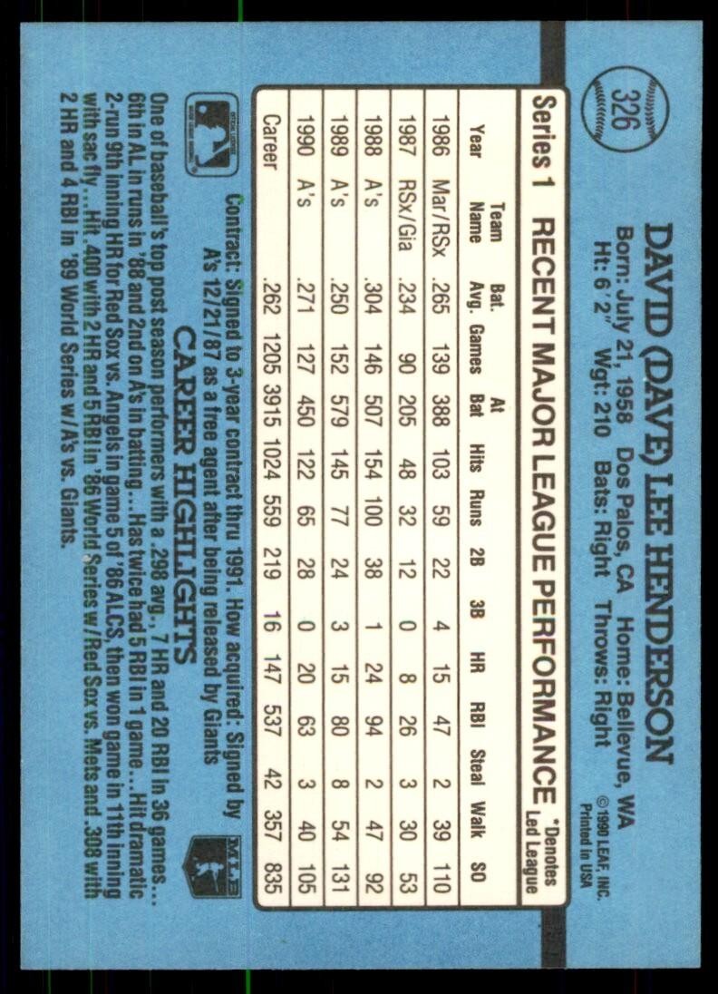 1991 Donruss Baseball Card Dave Henderson Oakland Athletics #326