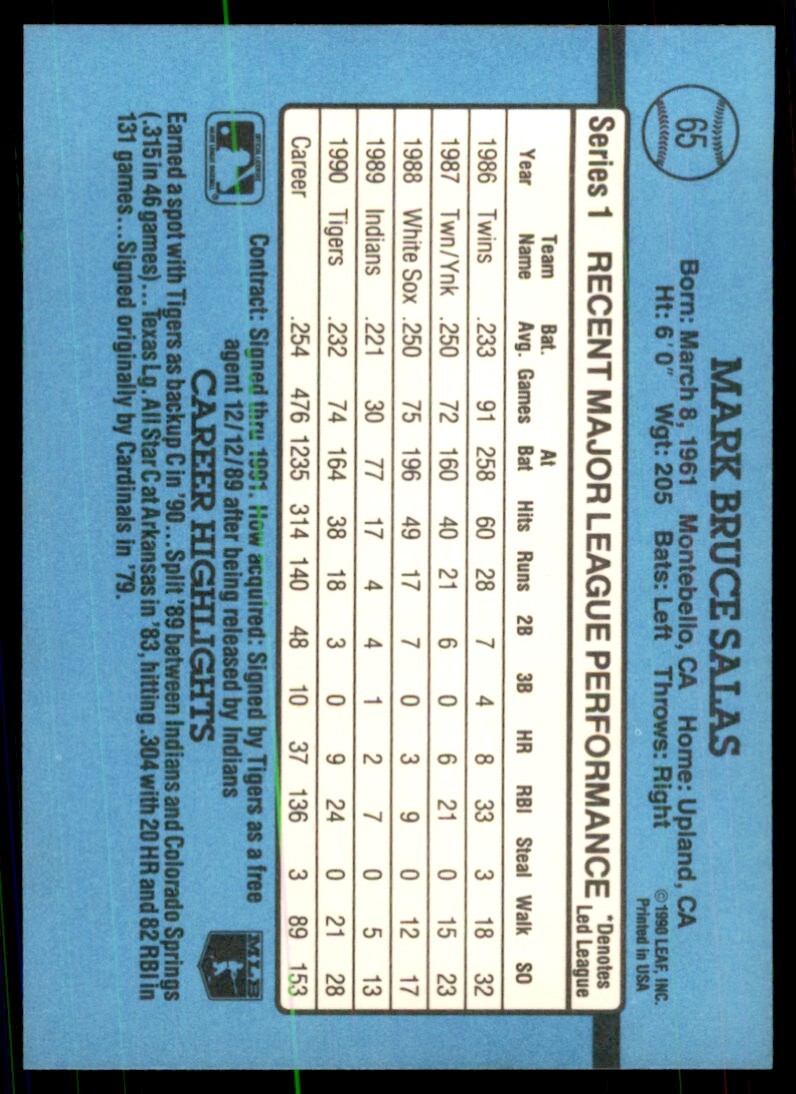 1991 Donruss Baseball Card Mark Salas / Detroit Tigers #65