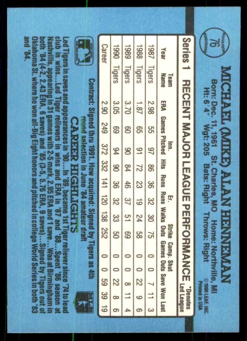 1991 Donruss Baseball Card Mike Henneman Detroit Tigers #76