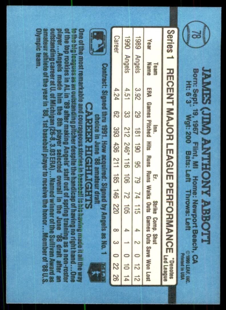 1991 Donruss Baseball Card Jim Abbott California Angels #78